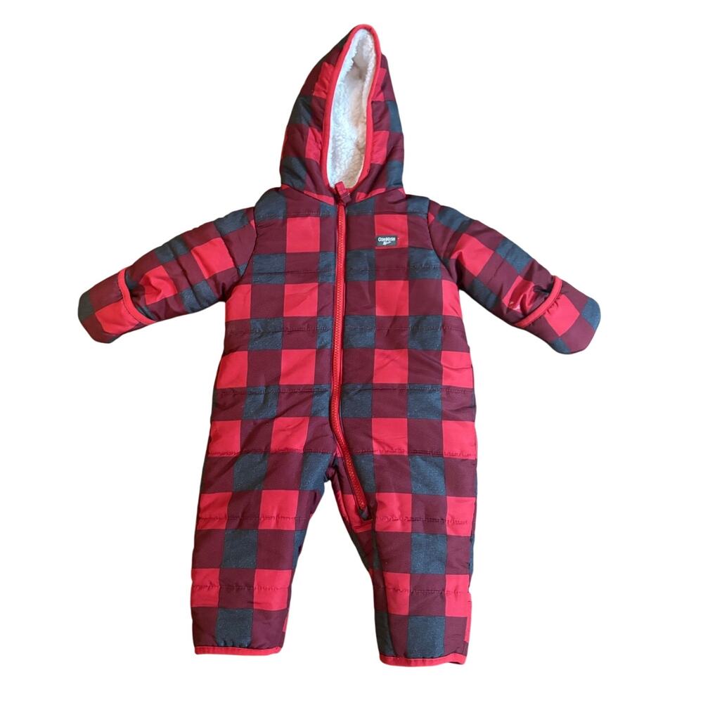 Oshkosh B'gosh Baby Boys Plaid Bunting Hooded‎ Snowsuit Red Gray 3-6mos EUC